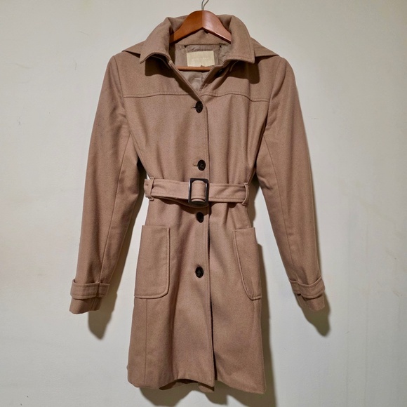 Banana Republic Camel Wool Coat Small Belted Button Hood Timeless